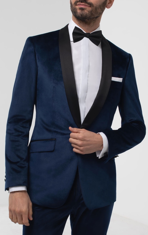 Dobell Marine blauw slim fit fluwelen smoking jas