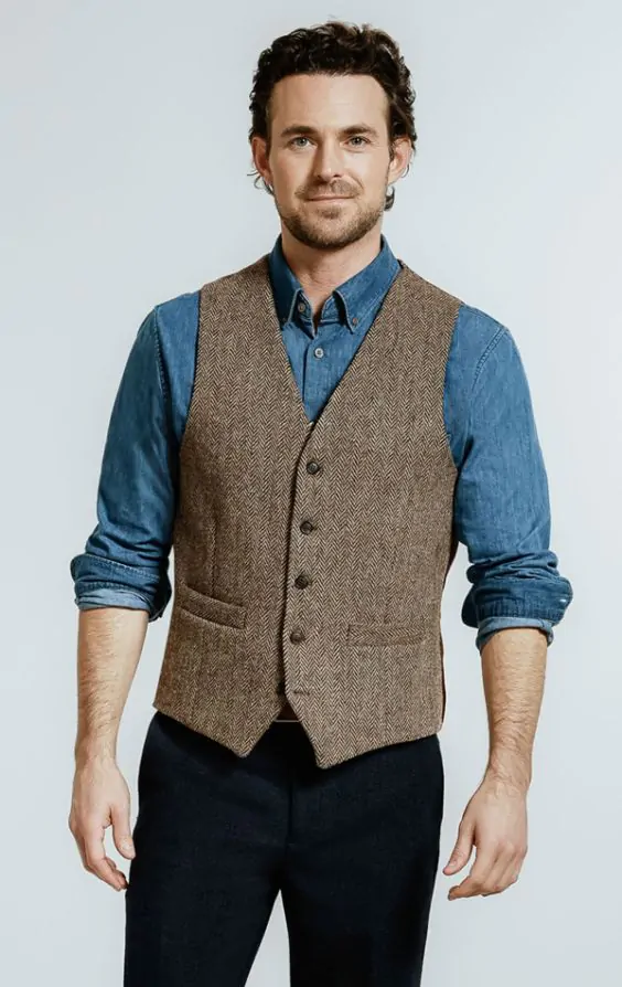 Tweed herenpak Vest Visgraat Notch Revers Retro wollen gilet Casual