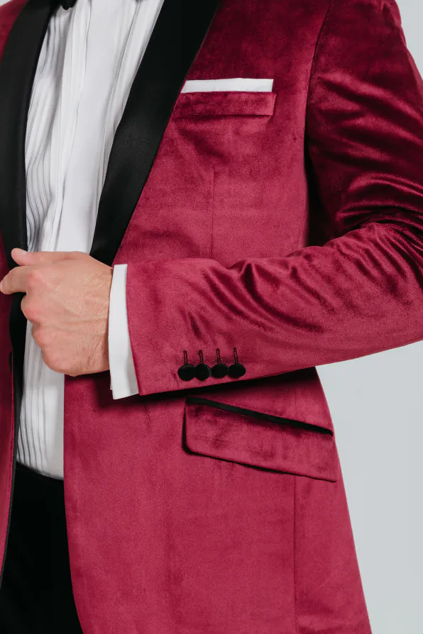 Bordeaux rood slim fit fluwelen smoking jas - photo 3 Bordeaux rood slim fit fluwelen smoking jas - photo 3