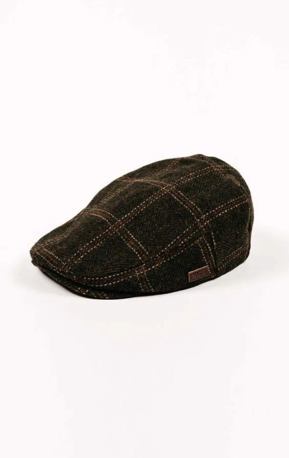Olijfgroene Flat Cap van twill-ruit