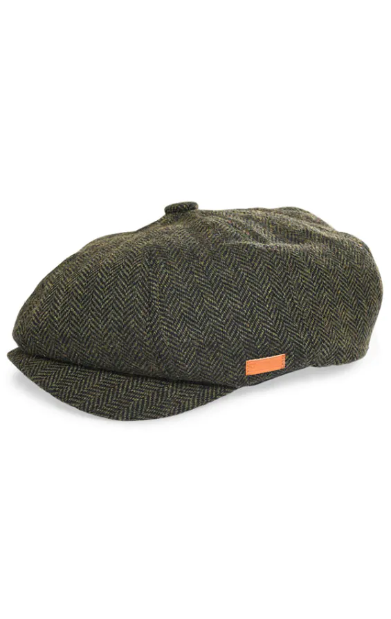 Olijfgroen tweed Baker Boy-pet met visgraatmotief