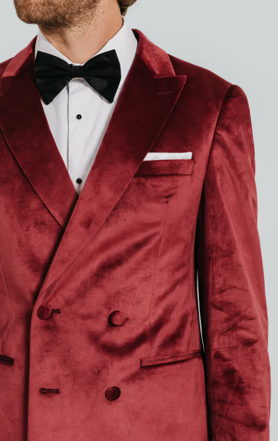 Bordeaux rood fluwelen double breasted smoking met zwart pantalon - photo 4