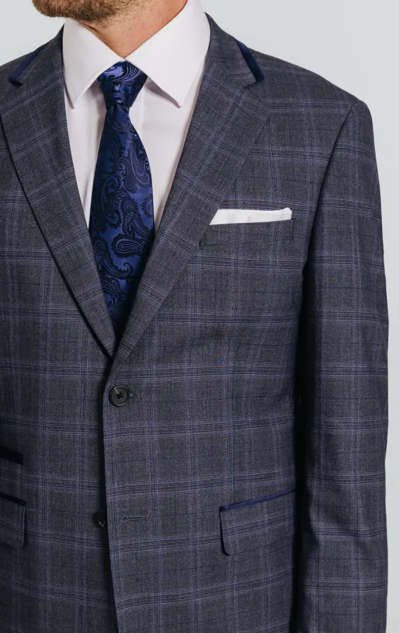 Grijs en blauw geruit colbert met marine afwerking - photo 3