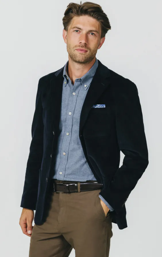 Marine blauw corduroy colbert met opgezette zakken Marine blauw corduroy colbert met opgezette zakken