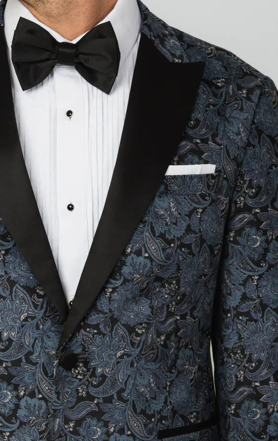 Blauw fluwelen smoking jas met paisleyprint en piek revers - photo 4 Blauw fluwelen smoking jas met paisleyprint en piek revers - photo 4