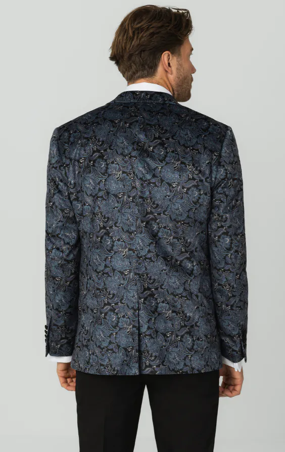 Blauw fluwelen smoking jas met paisleyprint en piek revers - photo 6 Blauw fluwelen smoking jas met paisleyprint en piek revers - photo 6