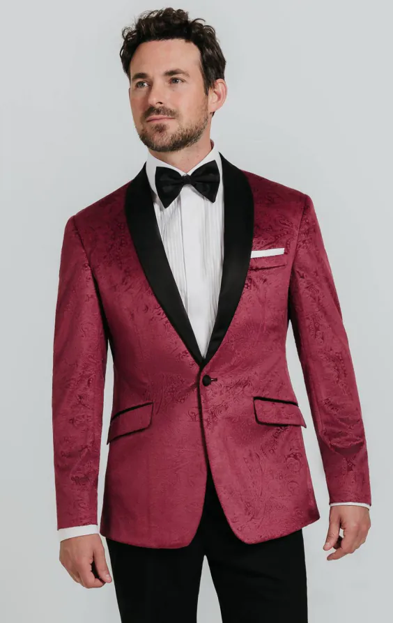 Bordeaux rood paisley fluweel smoking jas Bordeaux rood paisley fluweel smoking jas