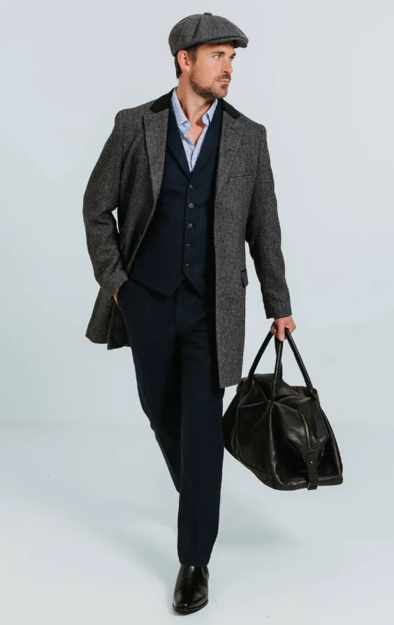 Grijs visgraat tweed overjas met fluwelen afwerking - photo 1