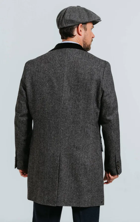 Grijs visgraat tweed overjas met fluwelen afwerking - photo 2