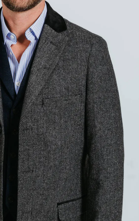Grijs visgraat tweed overjas met fluwelen afwerking - photo 4