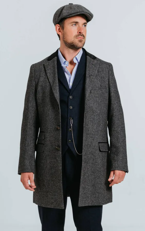 Grijs visgraat tweed overjas met fluwelen afwerking