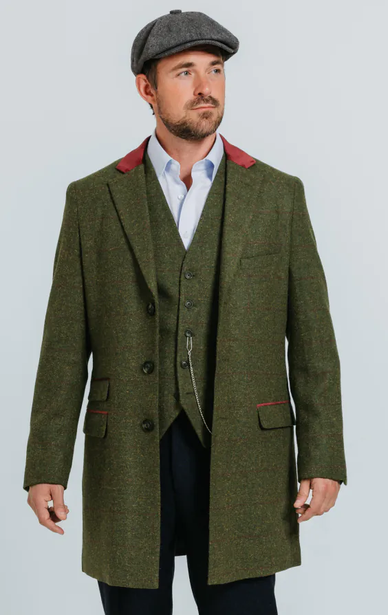 Groen groot geruit tweed overjas met fluwelen afwerking