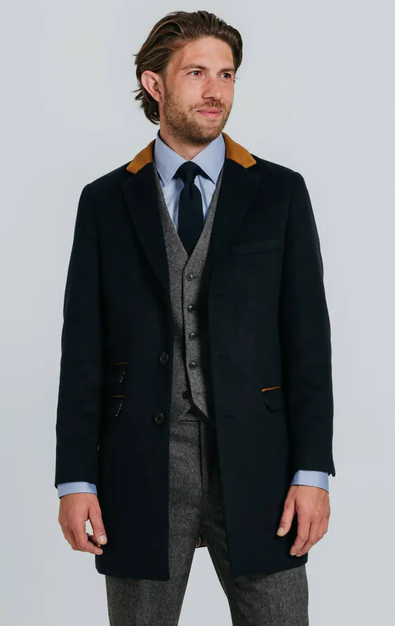 Navy overjas met tan afwerking Navy overjas met tan afwerking