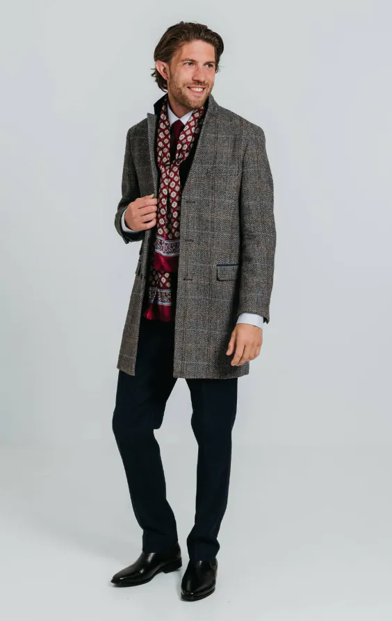 Grijs en blauw geruite tweed wolmix overjas met fluwelen afwerking - photo 2 Grijs en blauw geruite tweed wolmix overjas met fluwelen afwerking - photo 2