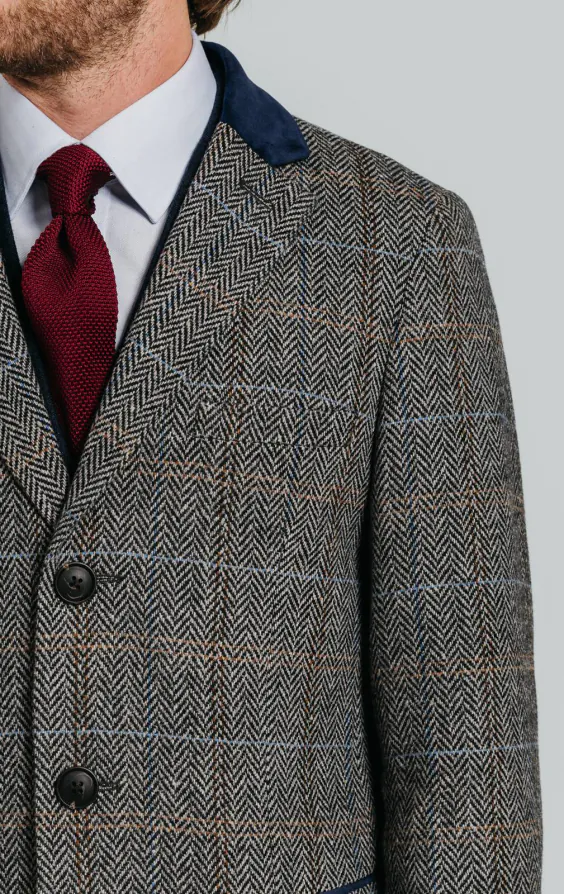 Grijs en blauw geruite tweed wolmix overjas met fluwelen afwerking - photo 5 Grijs en blauw geruite tweed wolmix overjas met fluwelen afwerking - photo 5