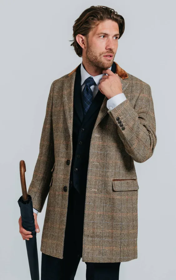 Bruin en blauw geruite tweed wolmix overjas met fluwelen afwerking - photo 1 Bruin en blauw geruite tweed wolmix overjas met fluwelen afwerking - photo 1