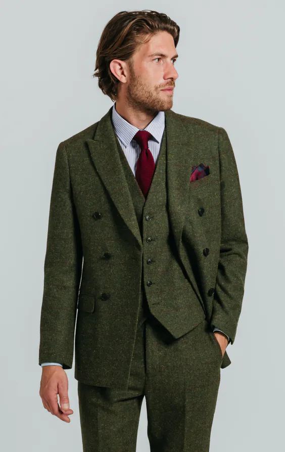 Groen groot geruit tweed double breasted 3 delig kostuum Groen groot geruit tweed double breasted 3 delig kostuum
