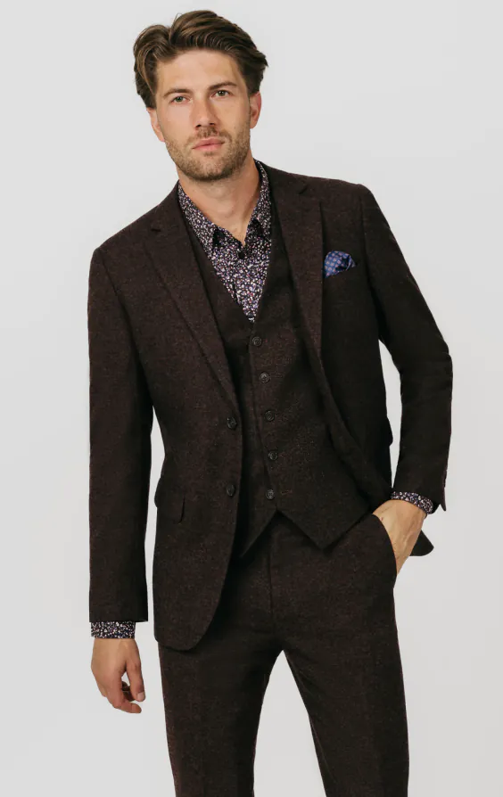 Bordeaux rood donegal tweed 3 delig kostuum Bordeaux rood donegal tweed 3 delig kostuum
