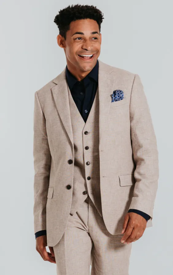 Zand kleurig linnen 3 delig slim fit kostuum