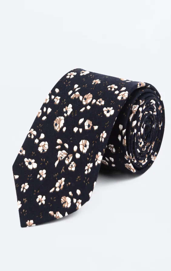 Blauw met witte gebloemde stropdas