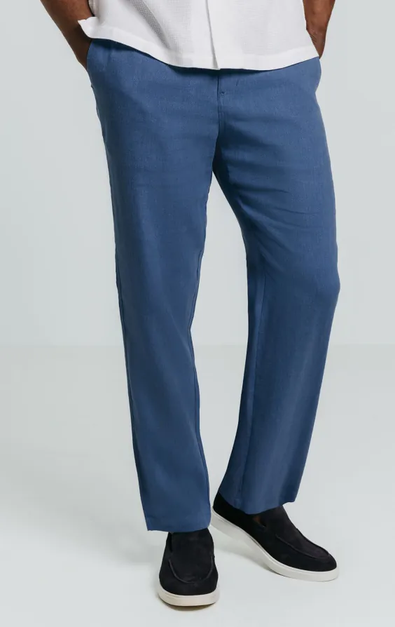 Blauwe linnen visgraat broek