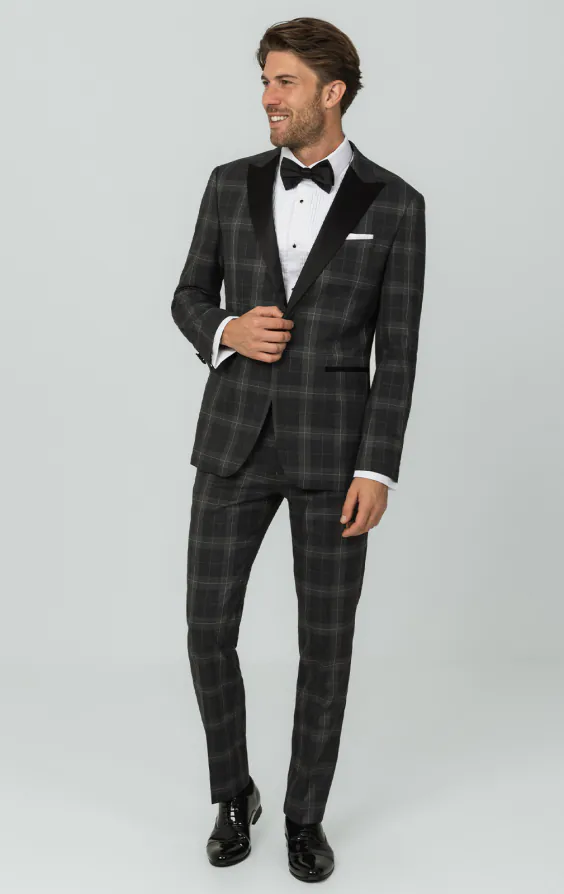 Grijze tartan geruite smoking met piek revers - photo 1