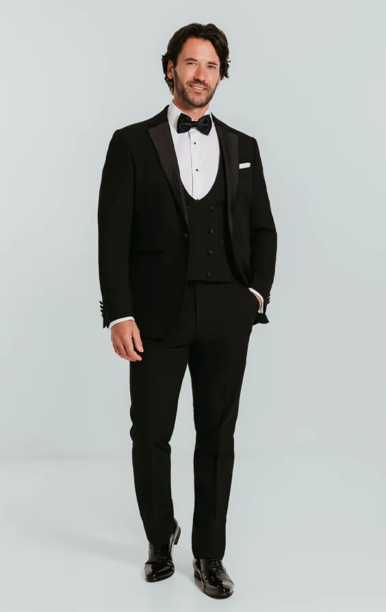 Zwart slim fit 3 delig smoking met revers kraag - photo 1