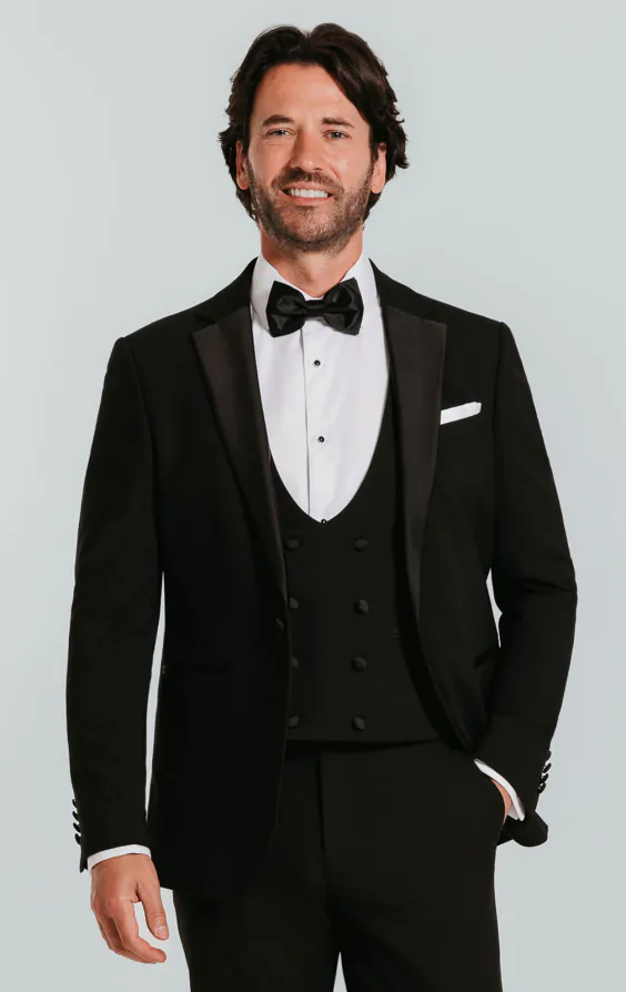 Zwart slim fit 3 delig smoking met revers kraag