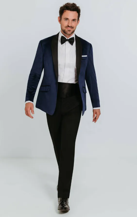 Marine blauw slim fit fluwelen smoking - photo 1