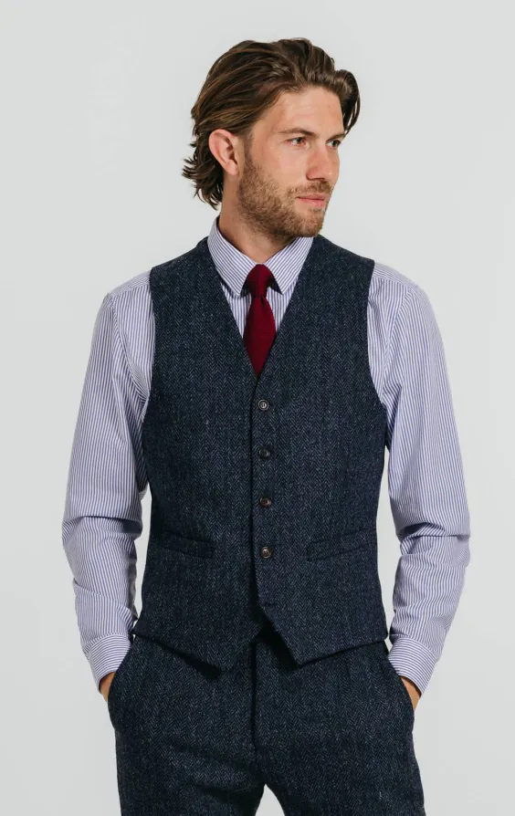 Harris Tweed blauw & zwart visgraat gilet