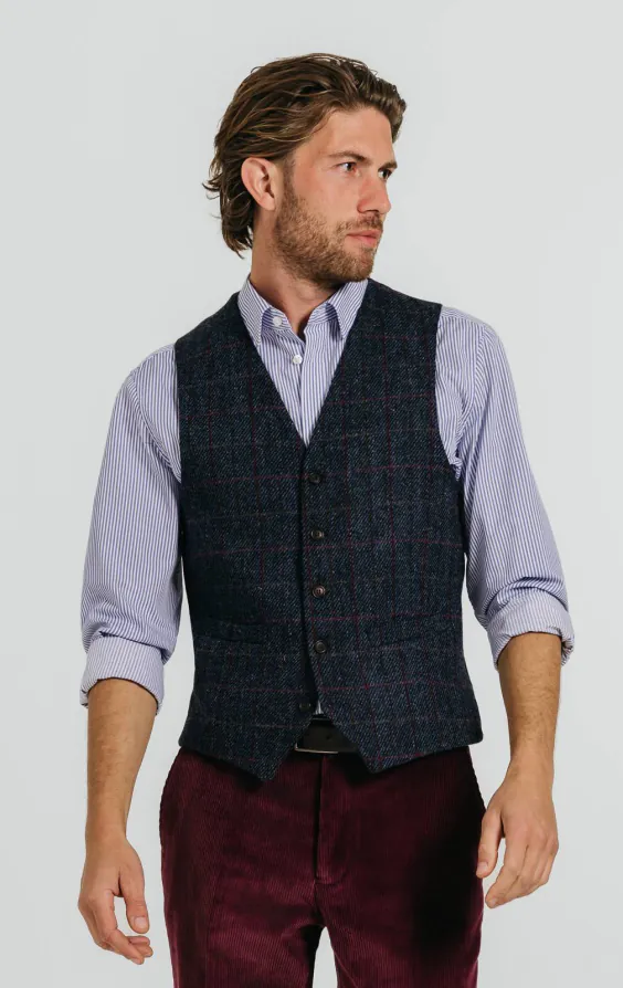 Harris Tweed donkerblauw geruit tweed gilet