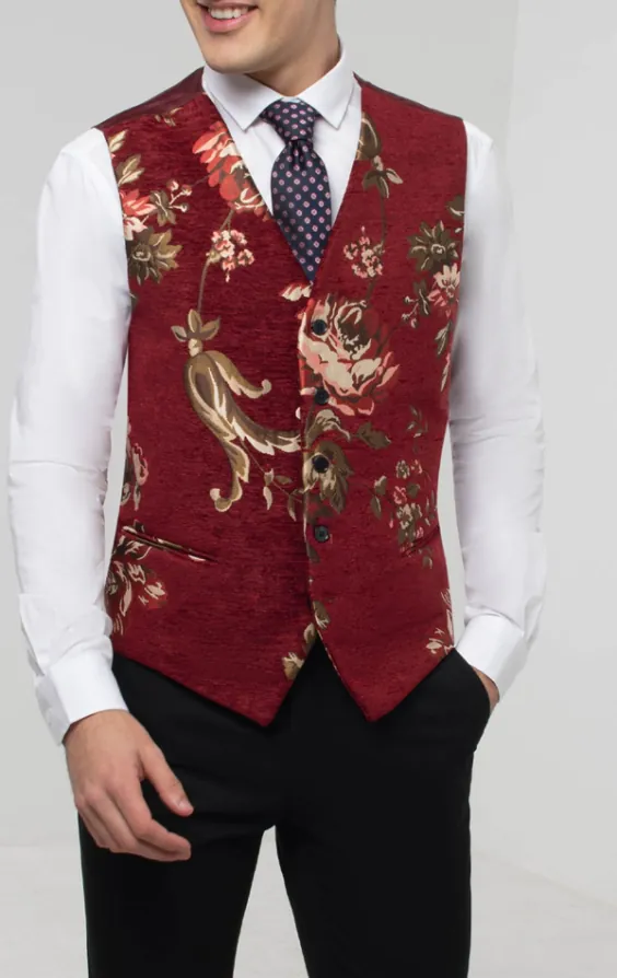 Rood gebloemd brokaat gilet Rood gebloemd brokaat gilet