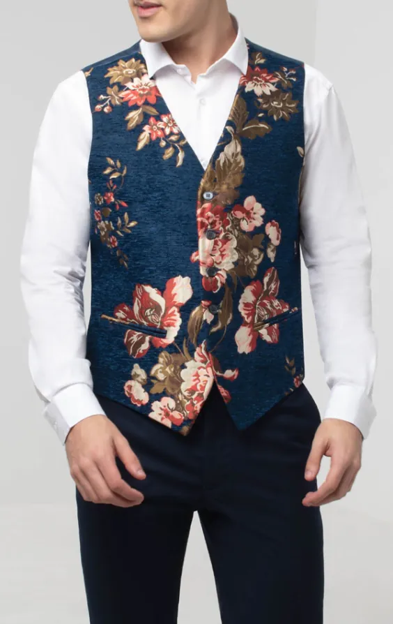 Blauw gebloemd brokaat gilet Blauw gebloemd brokaat gilet