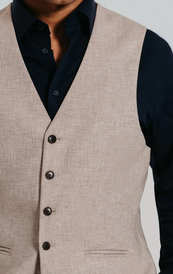 Zand kleurig linnen slim fit gilet - photo 1