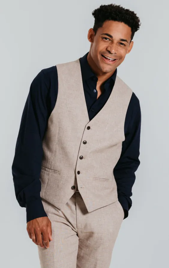 Zand kleurig linnen slim fit gilet