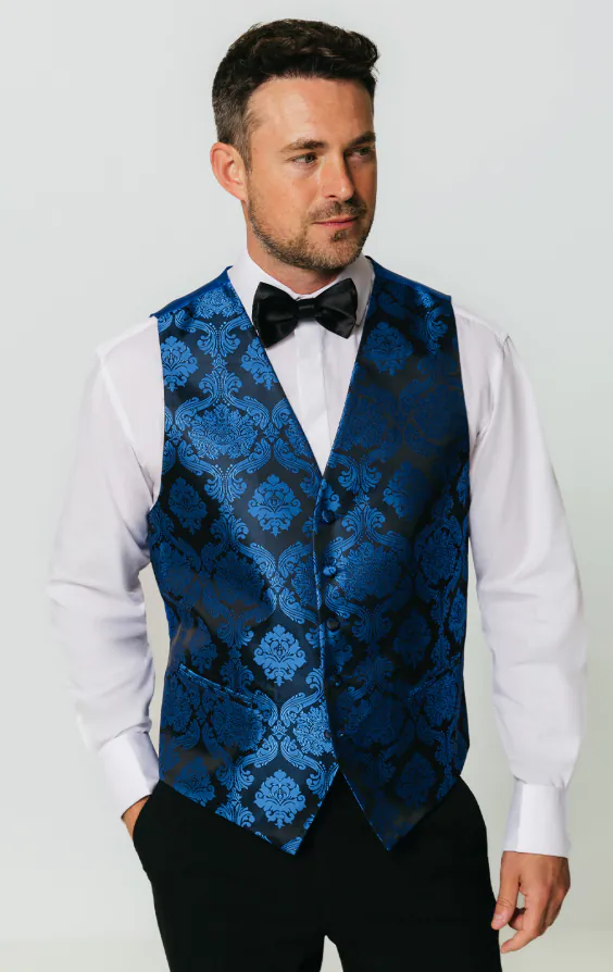Gilet met blauw victoriaans jacquard patroon Gilet met blauw victoriaans jacquard patroon