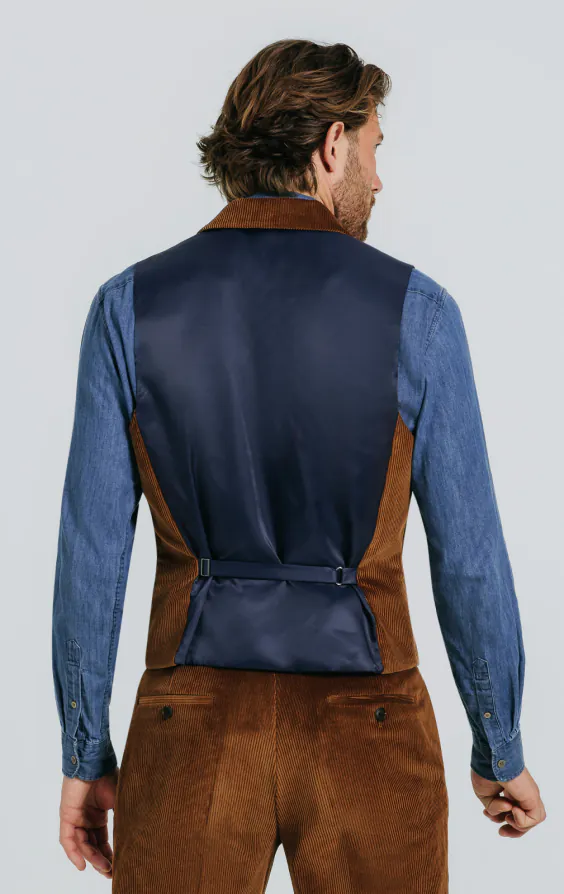 Mid-bruin corduroy double breasted gilet met revers kraag - photo 2