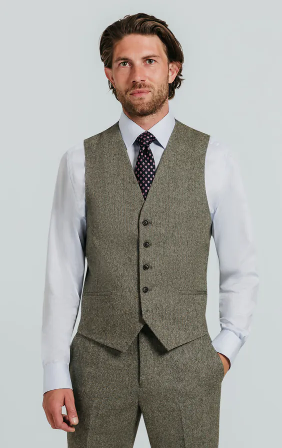 Sage groen visgraat tweed gilet Sage groen visgraat tweed gilet