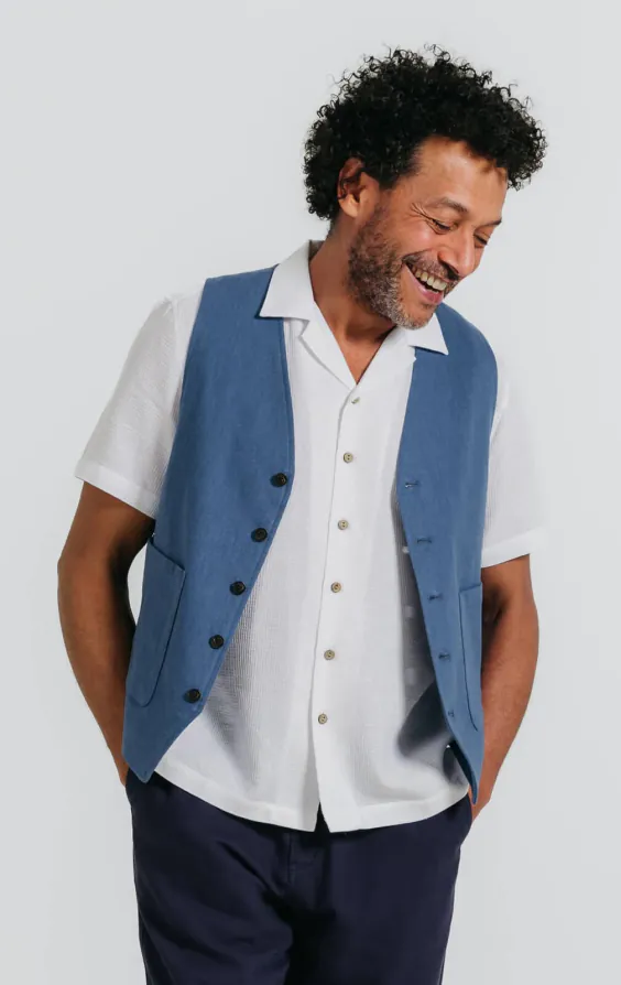 Blauw linnen visgraat gilet