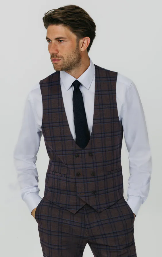 Bordeauxrood met blauw geruit double breasted gilet Bordeauxrood met blauw geruit double breasted gilet