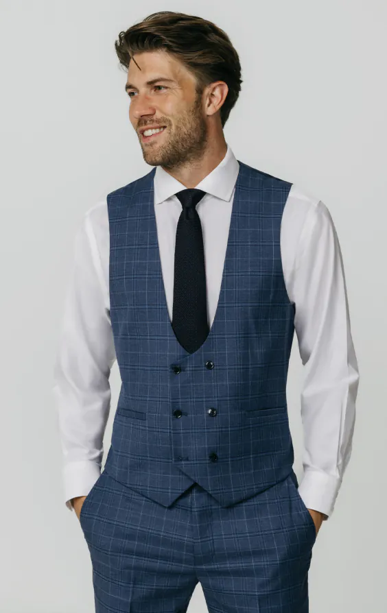 Blauw geruit double breasted gilet