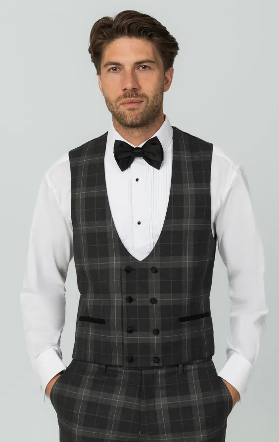 Grijs tartan geruit double breasted laag gesneden gilet Grijs tartan geruit double breasted laag gesneden gilet