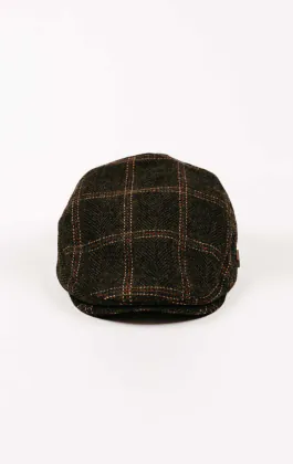 Olijfgroene Flat Cap van twill-ruit