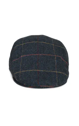 Platte pet van donkerblauw geruit tweed
