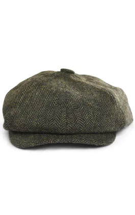 Olijfgroen tweed Baker Boy-pet met visgraatmotief