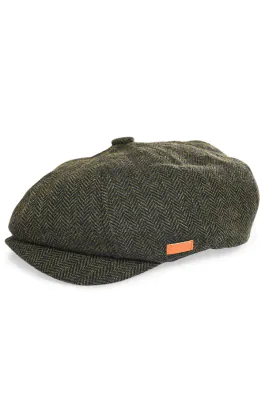 Olijfgroen tweed Baker Boy-pet met visgraatmotief