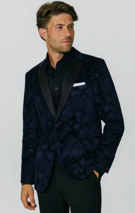 Marineblauw fluwelen smokingjasje met bloemenjacquard