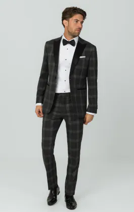 Grijze tartan geruite smokingjas met piek revers