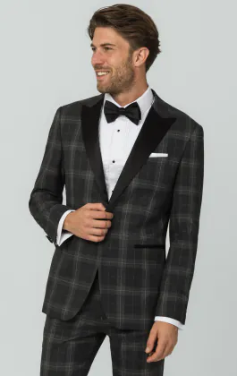Grijze tartan geruite smokingjas met piek revers