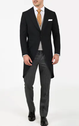 Zwart wollen visgraat jacquet met gestreepte pantalon